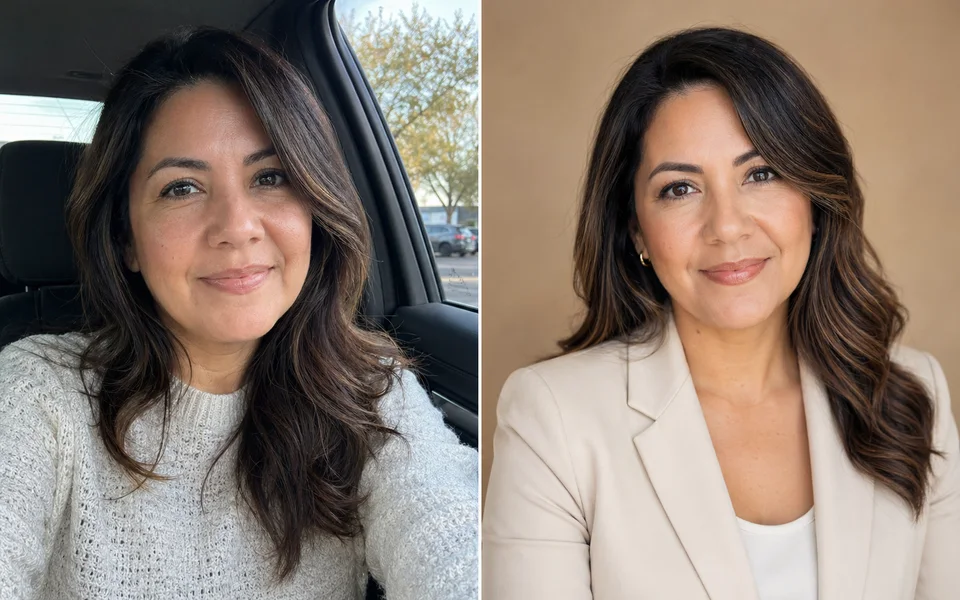 Car selfie to executive portrait before and after comparison