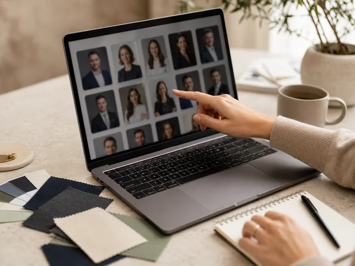 Professional headshot style options on a laptop with wardrobe swatches